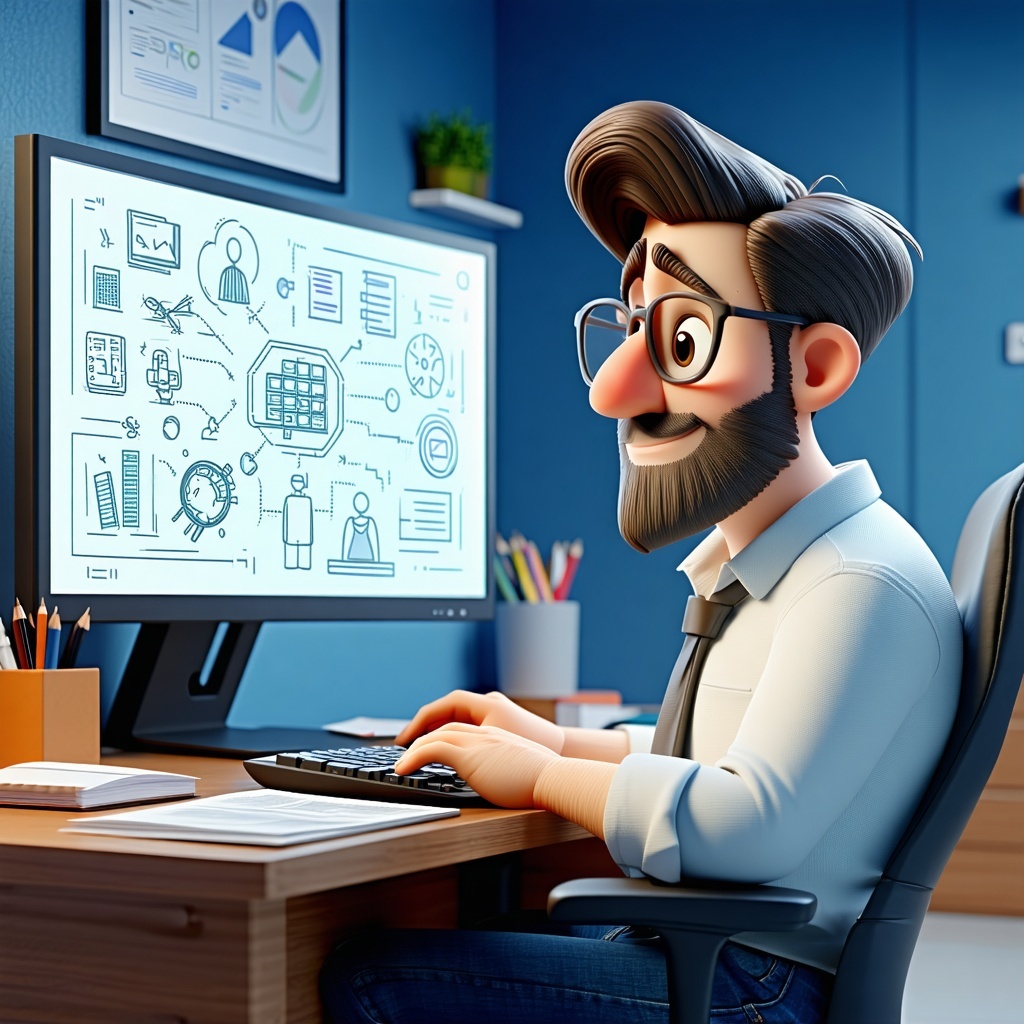 3D Pixarstyle illustration A father is sitting at a modern desk focused watching exclusive educational content on a large computer screen representing technical parental training The screen shows diagrams documents and icons related to family law and-1