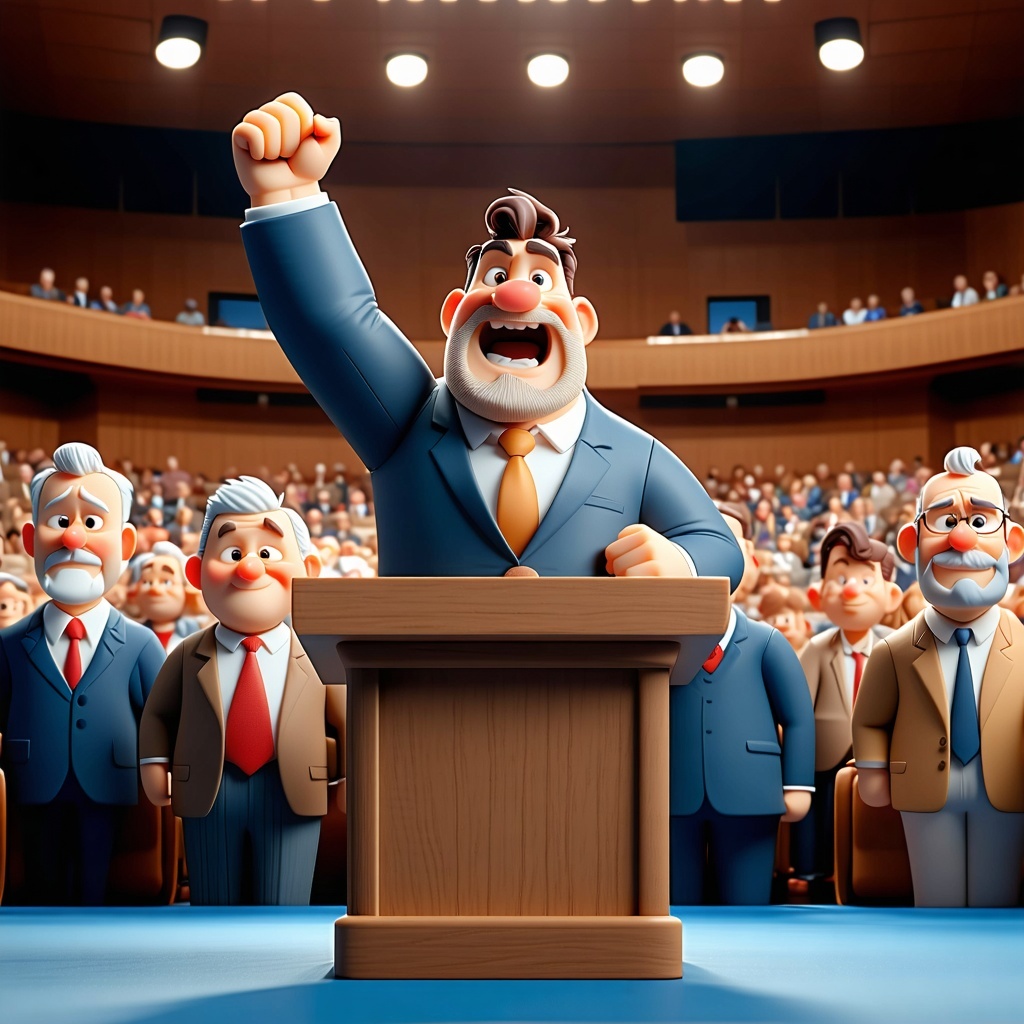 3D Pixarstyle illustration Inside a modern and gourgeous parliamentary chamber a determined father stands assertively at the podium raising his arm while passionately defending parental rights during a heated debate Supporters like fathers grandfathe-2