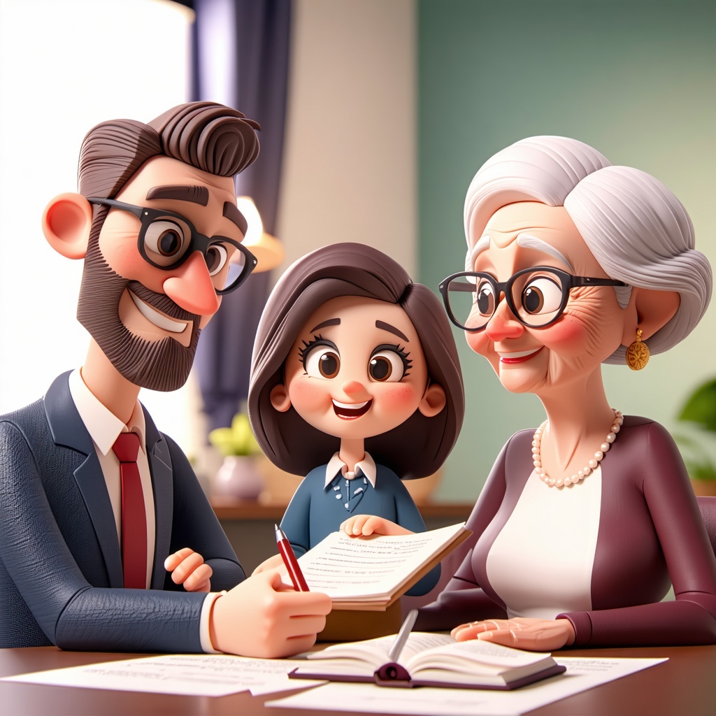 3D Pixarstyle illustration showing a father mother and grandmother sitting together at a table receiving legal guidance from a friendly professional The scene represents family support and legal assistance for parental rights Soft lighting bright env-1