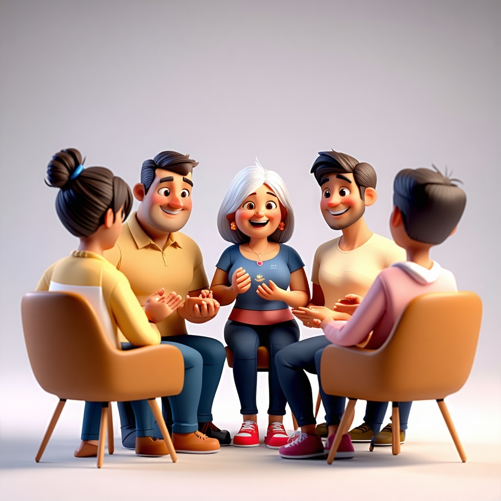 3D Pixarstyle illustration showing a small group support session A father a grandmother a stepmother and a stepfather are sitting in a circle of chairs being warmly welcomed by a family support facilitator The group is smiling relaxed and engaged in-3